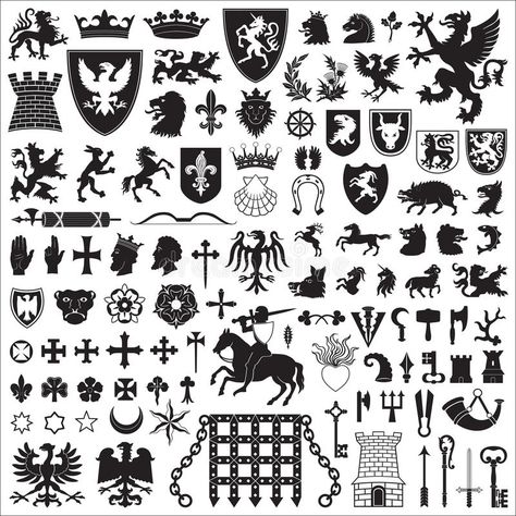 Heraldic symbols and elements. Collection of old coats of arms, heraldic symbols and elements stock illustration Medieval Symbols, Family Crest Symbols, Heraldic Symbols, Heraldry Design, Ancient Egyptian Symbols, Egyptian Symbols, Coat Of Arm, Medieval Art, Family Crest