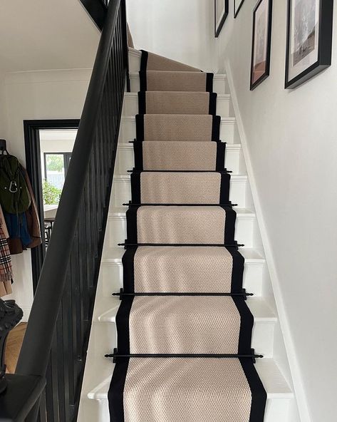 We loved this one, our client came to us with a particular look that she was after and the finishing product - you can just see for… | Instagram Stair Runner Black Trim, Black Staircase With Runner, Stair Runner Ideas, Matt Black Door, Downstairs Hallway, Black Staircase, Stairs Landing, Staircase Runner, Stair Rods