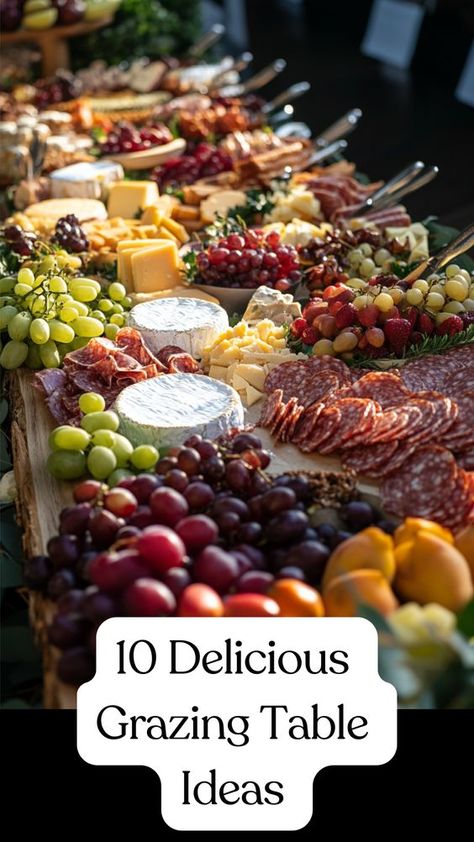 Discover delicious grazing table ideas for your wedding that will impress your guests and elevate your celebration. From savory charcuterie boards to sweet dessert displays, find inspiration for every taste and theme. Perfect for creating a memorable dining experience, these ideas ensure a visually stunning and flavorful spread. Start planning your perfect grazing table now and make your wedding day truly special. Explore more ideas and tips today! Wedding Grazing Tables Ideas, How To Make A Grazing Board, Dinner Party Grazing Table, Grazing Boards Wedding, Lunch Grazing Table Ideas, Charcuterie Board For A Wedding, Grazing Boards For Parties, Dessert Grazing Board Ideas, Cocktail Charcuterie Board Ideas