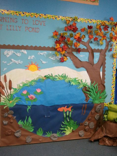 pond bulletin boards - Google Search Science Classroom Door, Pond Life Theme, Classroom Door Ideas, November Bulletin Boards, Science Bulletin Boards, Lilly Pond, Spring Bulletin, School Board Decoration, Preschool Bulletin