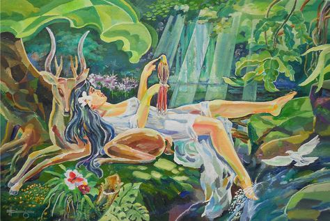 Maria Makiling oil on canvas 16" x 24" by J.Bulaong 2012 Philippines Mythology Goddesses, Maria Makiling, Mythology Goddesses, Philippine Mythology, Jose Rizal, Philippines Culture, Inspiration Painting, Art Inspiration Painting, Oil Pastel