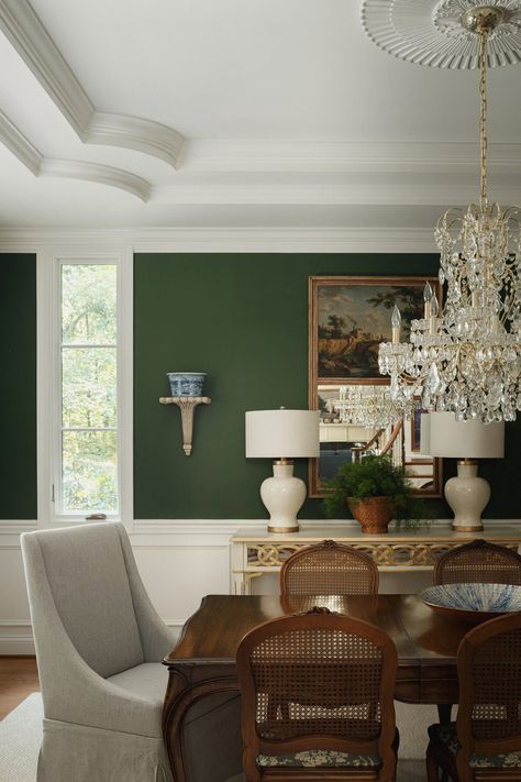 Woodland Way — The Green Room Interiors Green Formal Dining Room, Green Dining Room Paint Colors, Two Tone Green Wall, Green And White Dining Room, Green Dining Room Paint, Green Dining Rooms, Dreamy Interiors, Dining Room Paint Colors, Green Dining Room