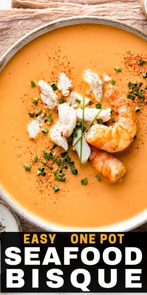 Learn how to make a restaurant-quality seafood bisque the easy way & in just one pot! This fool-proof recipe is loaded with lump crab, shrimp and tons rich flavor in every bite! This is more than just a soup - it's a seafood experience you and your family will love! (In-Depth Step-by-Step Photos Included!) Easy Bisque Soup Recipes, Seafood Bisque Recipe Easy, Shrimp Bisque Recipe, Crab Bisque Recipe, Seafood Bisque Recipe, Bisque Soup Recipes, Lobster Bisque Soup, Seafood Soup Recipes, Bisque Soup