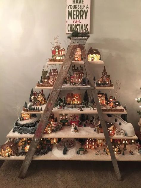 80+ Easy DIY Christmas Decorations on a Budget That You'll Love - Holidappy Ladder Christmas Village, Christmas Village Ideas, Christmas Decorations On A Budget, Easy Diy Christmas Decorations, Christmas Village Display Ideas, Village Display Ideas, Decorations On A Budget, Village Ideas, Christmas Village Display