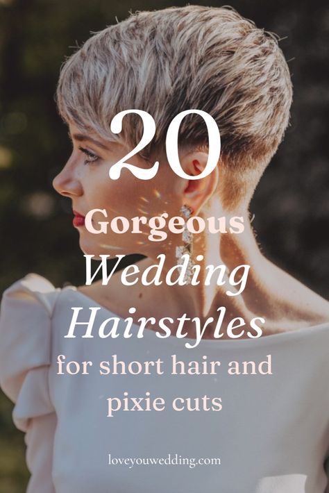 Find your cute and elegant bridal hairstyle for short hair, whether you want pixie cut, bob, or shoulder length bride hairstyles that are down, half up half down, updo, or with veil. We have the perfect wedding hairstyles for short hair. Click through for short wedding hair for brides and pixie cut wedding hair. Very Short Hair Wedding Hairstyles, Bridal Hair Short Bob Veils, Bride Pixie Hair Wedding Day, Very Short Bridal Hair, Wedding Hairstyles For Very Short Hair, Pixie Haircut Wedding Style, Wedding Hairstyles For Short Hair Pixie, Pixie Bridal Hairstyles, Wedding Hairstyles For Pixie Haircut