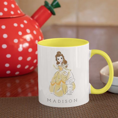 Magic Animation, Belle Birthday, World Of Disney, Disney Princess Belle, Name Mug, Cute Watercolor, Princess Belle, Paper Supplies, Name Mugs