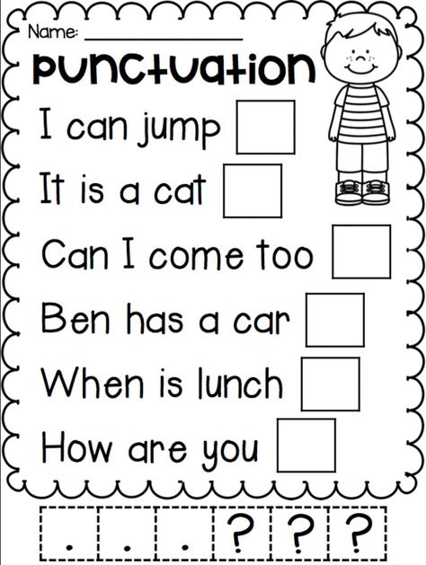 Teaching Punctuation, Punctuation Activities, Punctuation Worksheets, 1st Grade Writing, First Grade Worksheets, First Grade Writing, Worksheets For Kindergarten, 2nd Grade Worksheets, Homeschool Learning