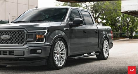 This Ford F-150 features massive wheels and a significantly lower ride height. F150 Lowered, Truck Accessories Ford, Diesel Trucks Ford, Ford Trucks F150, Ranger Truck, Ford Ranger Truck, Dropped Trucks, Vossen Wheels, Lowered Trucks