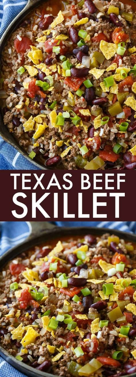 Texas Beef Skillet Recipe {Easy One-Pan Meal!} - Simply Stacie Texas Beef Skillet Recipe, Chili And Rice, Beef Skillet, Stuffed Peppers Beef, Texas Beef, Simply Stacie, Slow Cooker Beef Stroganoff, Easy Skillet Meals, Beef Casserole Recipes