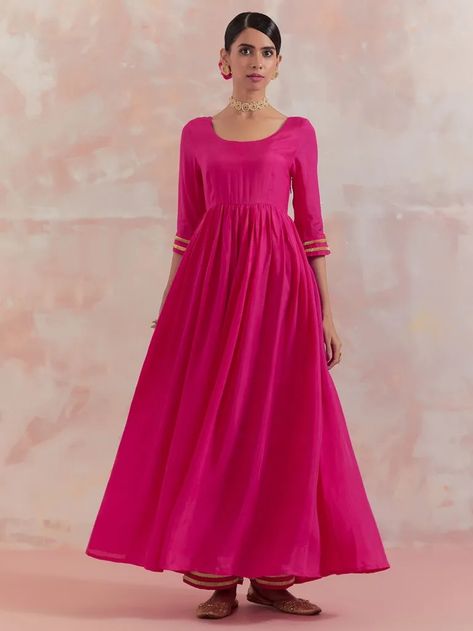 Buy Pink Gota Silk Anarkali Kurta | B23-08K/INC11SEP | The loom Gathered Anarkali, Silk Anarkali, Traditional Attires, Gota Work, Palazzo Set, Anarkali Kurta, Kurta With Pants, Indian Designer Wear, U Neck