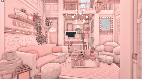 Bloxburg Blush Mansion Exterior, Blush Pink Bloxburg House, Pink Living Room Bloxburg, Blush Living Room Bloxburg, Blush House Interior, Kawaii Bloxburg House Exterior, Preppy House Bloxburg, Bloxburg House Living Room, Pink Bloxburg Room