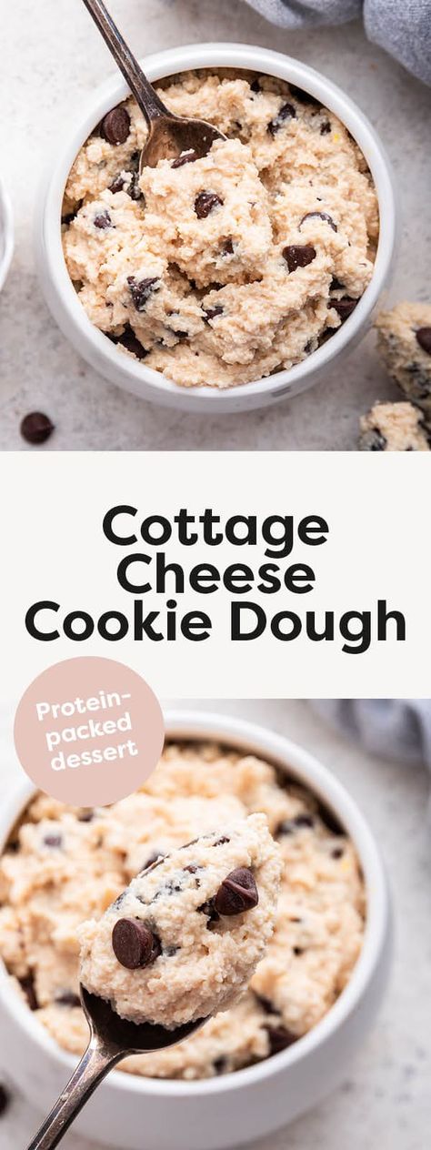 This edible cottage cheese cookie dough is the ultimate protein-packed dessert! It's gluten-free, egg-free, naturally sweetened and comes together in just 10 minutes with 7 simple ingredients. Cottage Cheese Cookie Dough, Cookie Dough Recipe, Edible Cookie Dough, Chocolate Chip Cookie Dough, Chocolate Chip Cookie, Dough Recipe, Cottage Cheese, Protein Powder, Cookie Dough