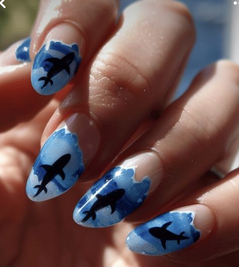 Scuba Diving Nails, Shark Inspired Nails, Shark Nails Acrylic, Whale Shark Nails, Shark Nail Designs, Whale Nails, Shark Nail Art, Shark Nails, Animal Nail Designs