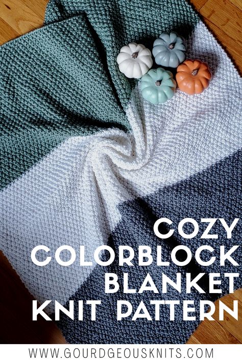 This is a beginner-level knit blanket that uses worsted weight category 4 yarn and US 8 / 5.00mm knitting needles. The blanket was designed as a colorblock, which means that there are three panels or "blocks" of solid colors. All three blocks are equally sized and use the same amount of worsted weight yarn. The entire blanket is knit flat using the Irish Moss Stitch. The blanket sizes vary as there are 12 available options from lovey (10x10 inches) to king (108x108 inches). Knit King Size Blanket Pattern, Knitting Squares For Blanket, Knitted Moss Stitch Blanket, 4 Weight Yarn Knitting Patterns, Free Knit Throw Blanket Pattern, Knit Panel Blanket, Knit Blanket Stitches, Color Block Knitted Blanket, Seed Stitch Blanket Knitting Pattern