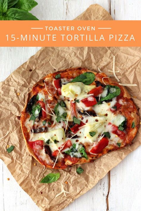 Tortilla Pizzas with Sundried Tomatoes and Spinach are the ultimate toaster oven treat. Just 15 minutes for cheesy veggie pizzas on a crispy tortilla crust. via @toasterovenlove Vegetarian Recipes For Two, Toaster Oven Pizza, Veggie Tortilla, Tortilla Pizzas, Toaster Oven Cooking, Toaster Oven Recipes, Delicious Vegetarian Recipes, Spinach Recipe, Tortilla Pizza