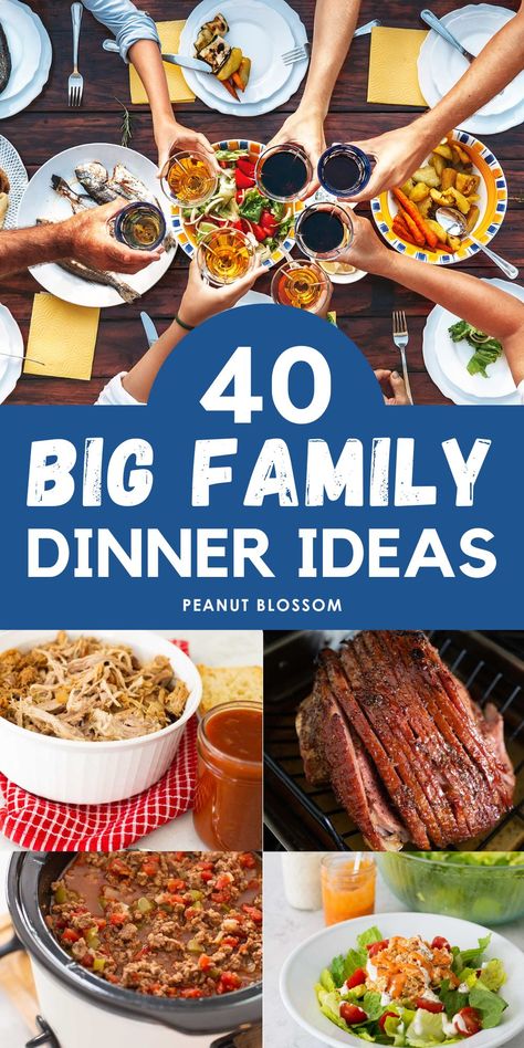 Plan an easy big family dinner with these recipes that feed a crowd. From make ahead and freeze recipes to quick and easy low cook or no cook dinners you can assemble in a pinch, these family dinner ideas are great for a busy weeknight or a special holiday gathering. Big Family Dinner Ideas, Large Family Dinner Ideas, Big Family Dinner, Budget Family Meals, Large Family Meals, Family Dinner Ideas, Delicious Family Meals, No Cook, Feed A Crowd