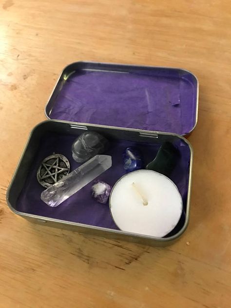 Broom Closet Altar, Broom Closet Witch Altar, Alter Box Ideas, Closet Witch Altar, Portable Alter, Mint Tin Crafts, Portable Altar, Travel Altar, Broom Closet