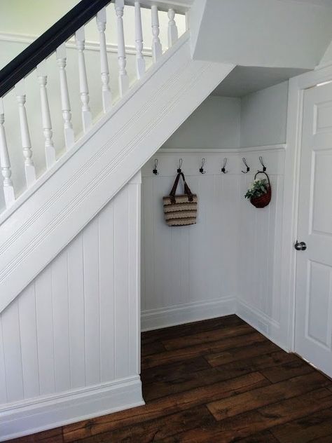 #inspiredrovations #beforeafterremodel #fixandflip #zombiehouse #remodel #Coathoaks #mudroom #understairsstorage #tongueandgroove #farmhouse Under Stairs Space, Under Stairs Storage Ideas, Stairs Storage Ideas, Understair Storage, Under Stairs Nook, Room Under Stairs, Stair Nook, Closet Under Stairs, تحت الدرج