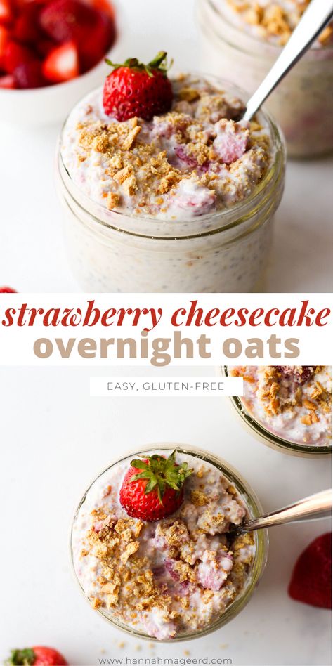 Strawberry Cheesecake Protein Overnight Oats, Overnight Oats Strawberry Shortcake, Strawberry Jam Overnight Oats, Strawberry Cheesecake Overnight Oatmeal, Healthy Breakfast Ideas With Strawberries, Overnight Oats Cheesecake Pudding, Overnight Oats Yummy, Smores Overnight Oats Recipe, Overnight Oats With Strawberry Yogurt