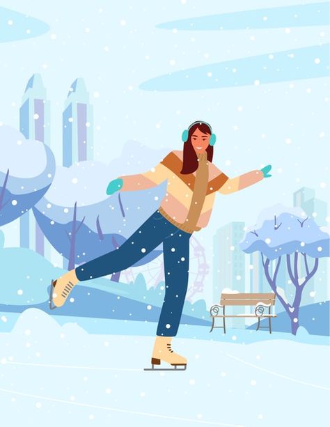 Ice Skate Drawing, Snow Skating, Gloves Illustration, Ice Skating Pictures, Snow Woman, Woman Sport, Christmas Ice Skates, City Silhouette, Winter Illustration