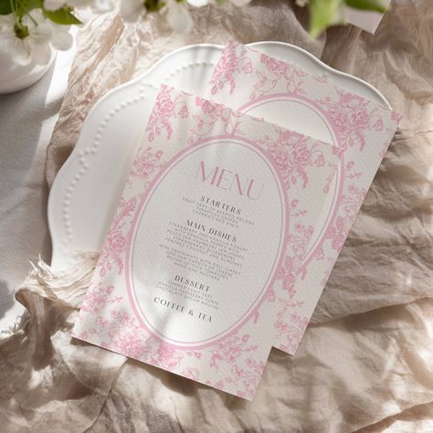 Pink Toile Menu Card Template Floral Chinoiserie Bridal Shower Menu Card Editable Wedding Menu Template Baby Shower Menu Card Printable Are you planning a bridal shower party for that special bride?  This floral pink toile menu card template would add the perfect touch to your next party!  All text is fully editable which makes this design ideal for any bridal shower party or event.  Easily edit and personalize this blue floral menu card template from the comfort of your own home.  Print as many Pink Menu Design, Cute Menu Design, Brunch Menu Design, Wedding Menu Design, Bridal Shower Decorations Pink, Floral Chinoiserie, Bridal Shower Menu, Baby Shower Menu, Menu Card Template