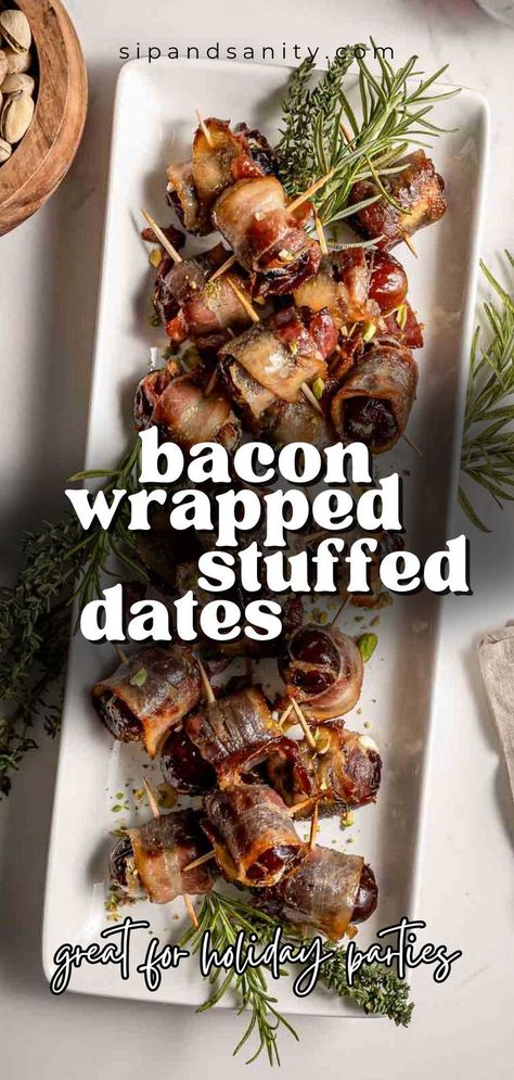 Impress your guests with these irresistible bacon wrapped medjool dates stuffed with goat cheese. Quick, simple, and utterly delicious holiday party recipe! Bacon Wrapped Stuffed Dates, Maple Glazed Bacon, Bacon Dates, Dates Stuffed, Yummy Appetizers Parties, Wrapped Dates, Almonds Recipe, Gourmet Appetizers, Stuffed Dates