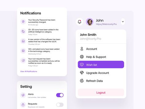 Notification & Profile Menu by Afshin T2Y ✪ for Piqo Studio on Dribbble Notification App, App Interface, Animated Icons, Menu Design, News Update, Icon Set, Creative Professional, Icon Design, Global Community