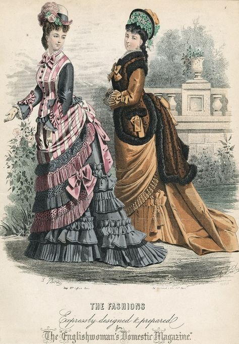 October fashions, 1875 England, The Englishwoman’s Domestic Magazine 1875 Fashion, 1870 Fashion, Victorian Bustle, 1870s Fashion, Victorian Era Fashion, October Fashion, Victorian Costume, 19th Century Fashion, Victorian Steampunk