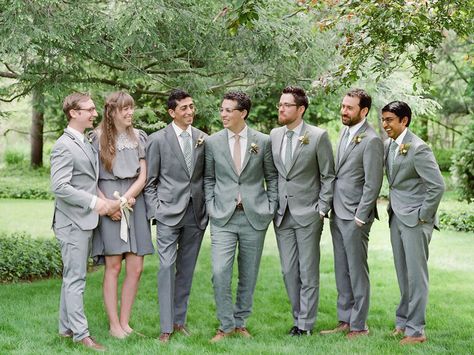 What You Need to Know for Having Bridesmen and Groomswomen | Photo by: Heather Waraksa | TheKnot.com Groomswoman Outfit, Grooms Woman, Male Bridesmaid, Gray Groomsmen Suits, Groomsmen Ideas, Grooms Attire, Wedding Groomsmen Attire, Groomsmen Grey, Grooms Party