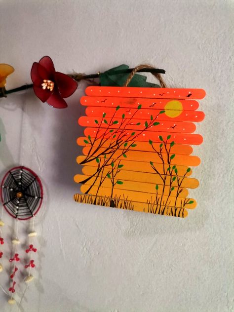 Sunset Drawing, Popsicle Stick Art, Paddle Pop, Pop Stick, Stick Crafts, Ice Cream Stick, Stick Art, Hand Crafts, Tea Coaster