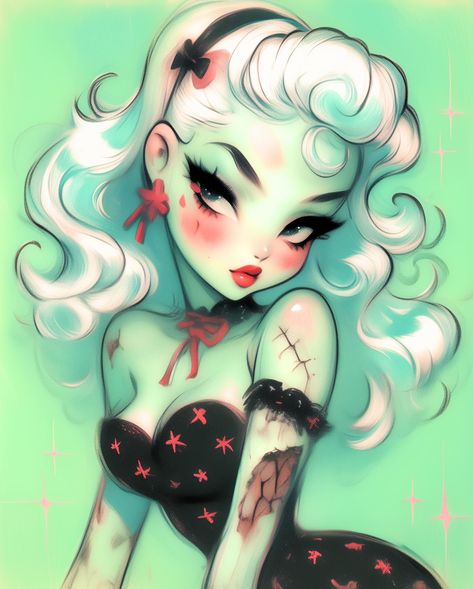 🧟‍♀️🩵💚🖤✨ Witch Art Drawing, Zombie Pfp, Cute Character Art, Rockabilly Artwork, Cute Monster Illustration, Pretty Zombie, Cute Monsters Drawings, Pastel Goth Art, Pop Art Drawing