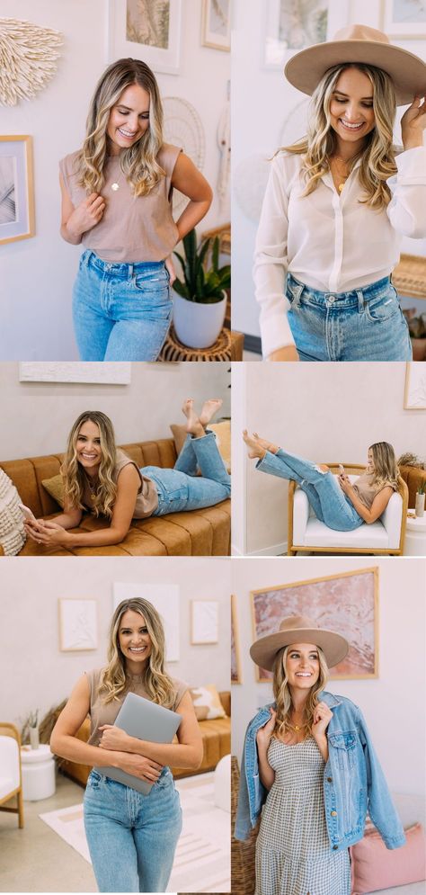 Casual Branding Photoshoot Outfit, Boutique Owner Headshots, Diy Brand Photos, Boutique Headshots, Influencer Photography Inspiration, Blogger Photography Lifestyle, Boutique Photo Shoot Poses, Personal Branding Shoot Beach, Boho Brand Photoshoot