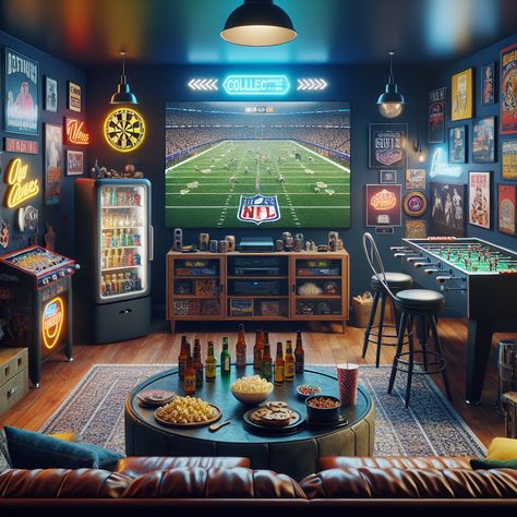 A lively man cave with a football game on a large TV, poker table, mini-fridge & snacks, foosball, and a dartboard. Comfy leather seating & popcorn machine convey coziness. Neon signs, jukebox sounds, and warm lighting add to the fun, welcoming vibes.

#ManCave #FootballGame #PokerTable #Foosball #Dartboard #LeatherFurniture Small Game Rooms For Adults, Fridge Snacks, Garage Hangout, Football Man Cave, Cave Design, Teen Hangout, Man Cave Design, Arcade Room, Under Tv