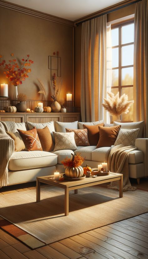 A cozy living room with an autumnal theme. Featuring a beige sectional sofa with a blanket draped over the arm. A coffee table in front is decorated with items. Light streams in, enhancing the cozy atmosphere. Cream And Orange Living Room, Autumn Living Room Ideas, Curtains Inspiration, Sofa Rustic, Warm Inviting Home, Cozy Fall Living Room, Elegant Fall Decor, Sectional Sofa Beige, Autumn Living Room