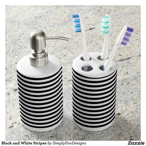 Black and White Stripes Bath Set Anchor Bathroom, Nautical Bath, Navy Blue Design, Silver Bathroom, Navy Gifts, How To Clean Suede, Modern Nautical, Toothbrush Holders, Nautical Bathrooms