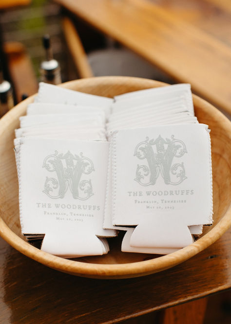 A Classic Southern Farm To Table Wedding At Nashville’s Southall Farm #weddingfavors Timeless Southern Wedding, Simple Wedding Koozies, Personal Wedding Touches, Wedding Reception Koozies, Wedding Koozie Ideas, Can Koozie Wedding Favors, Personalized Wedding Ideas, Wedding Favor Coozie, Southern Wedding Decorations