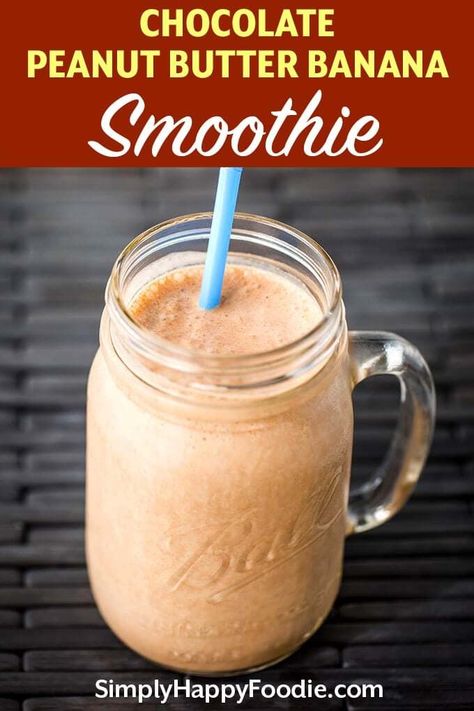 A cool, sweet, refreshing Chocolate Peanut Butter Banana Smoothie recipe that is also healthy! A delicious healthy smoothie recipe. simplyhappyfoodie.com, healthy smoothies, protein smoothies Pudding Chocolate Pie, Picnic Brunch Ideas, Picnic Breakfast Ideas, Peanut Butter And Banana Smoothie, Chocolate Peanut Butter Banana Smoothie, Peanut Butter Banana Smoothie Recipe, Healthy Chocolate Peanut Butter, Simply Happy Foodie, Healthy Smoothie Recipe