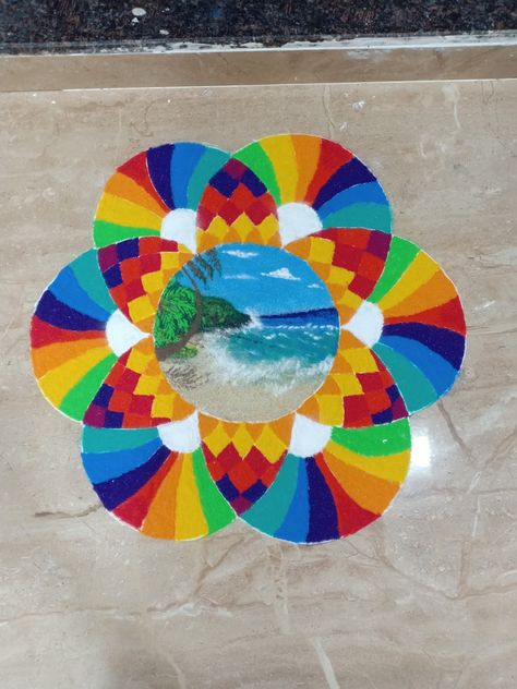 Art Rangoli, Unique Rangoli, Pongal Rangoli, Diya Rangoli, Colorful Rangoli, Rangoli Patterns, Colorful Rangoli Designs, Free Hand Rangoli Design, Free Hand Rangoli