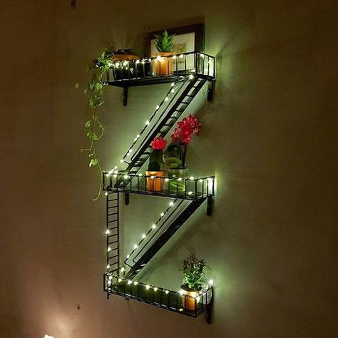 Fire Escape Shelf, Outdoor Staircase, Bookshelf Art, Wall Outdoor, Mini Wall, Fire Escape, Lan Can, Miniature Houses, Room Box