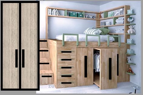 found the basic loft bed on Pinterest, will have 3 pull out closets for shirts, skirts, etc. drawers take up last space under bed for folded clothes. steps have pull out drawers. then a tall closet at end for long dresses and more storage Bed With Pull Out Closet, Dresser Under Bed, Pullout Closet, Under Bed Closet, Closet Under Bed, Tall Closet, Skoolie Life, Make A Closet, Hidden Closet