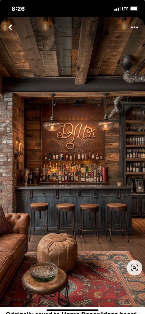 Man Cave Coffee Bar, Small Bar Lounge Room Ideas, Beer Room Ideas, Masculine Whiskey Room, Diy Speakeasy Basement, At Home Whiskey Bar, Whiskey Bar Basement, Rustic Basement Design Inspiration, Rustic Event Space