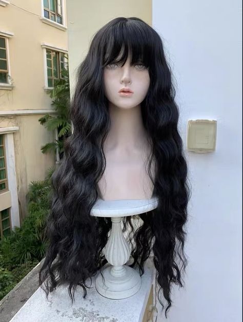 Bangs With Curls, Wavy Long Hairstyles, Dr Claims, Long Hair Waves, Mermaid Waves, Straight Bangs, Concept Ideas, Gacha Ideas, Hair Up Styles