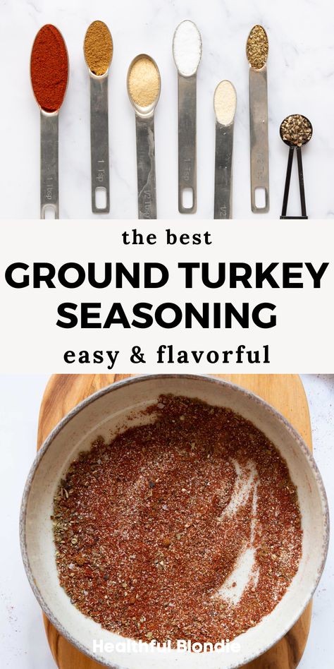 This 5-star turkey seasoning is the best way to add lots of flavor to lean ground turkey. Homemade seasoning mix takes 2 minutes to make, and you can store the extra for months. Here's your guide on how to perfectly season ground turkey! Ground Turkey Taco Seasoning, Best Way To Season Ground Turkey, Best Seasoning For Ground Turkey, Ground Turkey Seasoning Spices, How To Make Ground Turkey Taste Better, Ground Turkey Seasoning Healthy, Ways To Season Ground Turkey, How To Season Turkey, Ground Turkey Seasoning Recipes