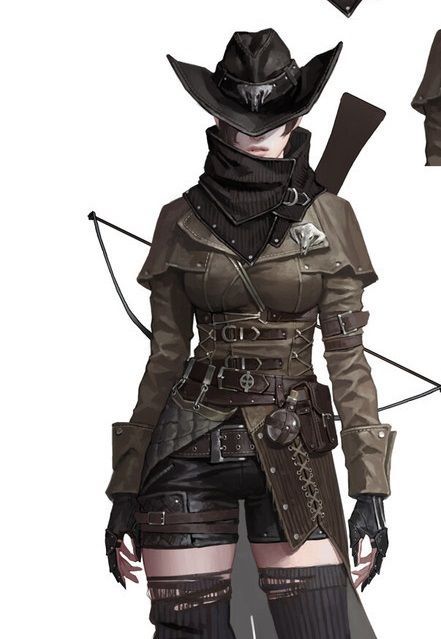 Female Officer Character Design, Bounty Hunter Character Design Female, Game Character Outfit, Bounty Hunter Outfit, Fantasy Hunter Outfit, Bloodborne Outfits, Hunter Outfit, Body Pose Drawing, Hunting Clothes