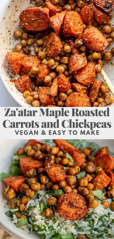 Roasted Carrots And Chickpeas, Carrots And Chickpeas, Chickpea Plant, Chickpea Recipes Easy, Maple Roasted Carrots, Fluffy Rice, Za Atar, Chickpea Recipes, Yogurt Sauce