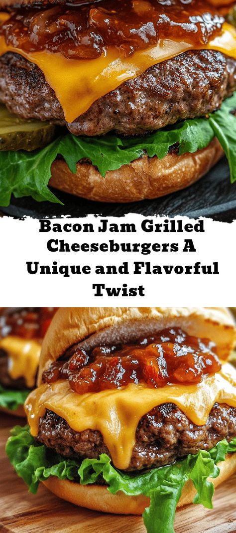 Discover a mouthwatering twist on the classic cheeseburger with Bacon Jam Grilled Cheeseburgers! This delicious recipe features juicy beef patties topped with homemade bacon jam, blending smoky, sweet, and savory flavors for an unforgettable taste experience. Perfect for barbecues or cozy dinners, these burgers are sure to impress your family and friends. With easy step-by-step instructions and plenty of pairing options, you'll want to add this flavorful dish to your go-to recipe list. Burger With Bacon Jam, Bacon Jam Sliders, Bacon Jam Cheeseburger Sliders, Bacon Jam Recipe Easy, Grilled Cheeseburgers, Unique Bacon Recipes, Bacon Marmalade, Classic Cheeseburger, Bacon Jam Burger