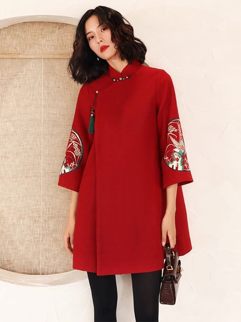 Red Embroidered Wool Blend Women Chinese Tang Coat - CozyLadyWear Qipao Top, Chinese Blouse, Chinese Style Dress, Qipao Cheongsam, Embroidered Wool, Custom Made Clothing, Chinese Clothing, Chinese Dress, Cheongsam