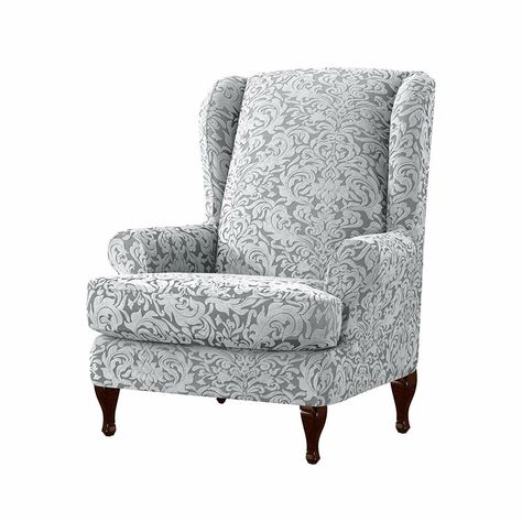 House of Hampton® Damask Printed Elastic T-Cushion Wingback Chair Slipcover & Reviews | Wayfair Wingback Chair Slipcovers, Armchair Covers, Wingback Chair Covers, Patterned Chair, Wingback Armchair, Chair Slipcovers, Armchair Slipcover, Brown Cushions, Arm Chair Covers