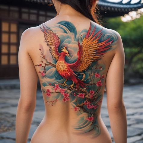 Asian Style Phoenix Tattoo, Phoenix Reference, Elaborate Tattoos, Nicole Tattoo, Phoenix Back Tattoo, Tato Phoenix, Japanese Phoenix Tattoo, Fenix Tattoo, Tattoo Japanese Style