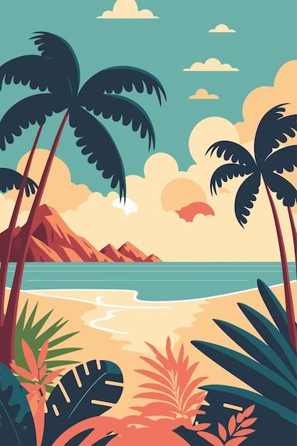 Animated Beach Aesthetic, Beach Artwork Illustrations, Vintage Beach Design, Beach Graphic Illustration, Summer Vector Art, Tropical Beach Illustration, Beach Vector Art, Tropical Island Illustration, Summer Vector Illustrations